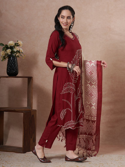 Solid Abstract Embroidered Straight Fit Kurta with Pant and Printed Dupatta - Maroon