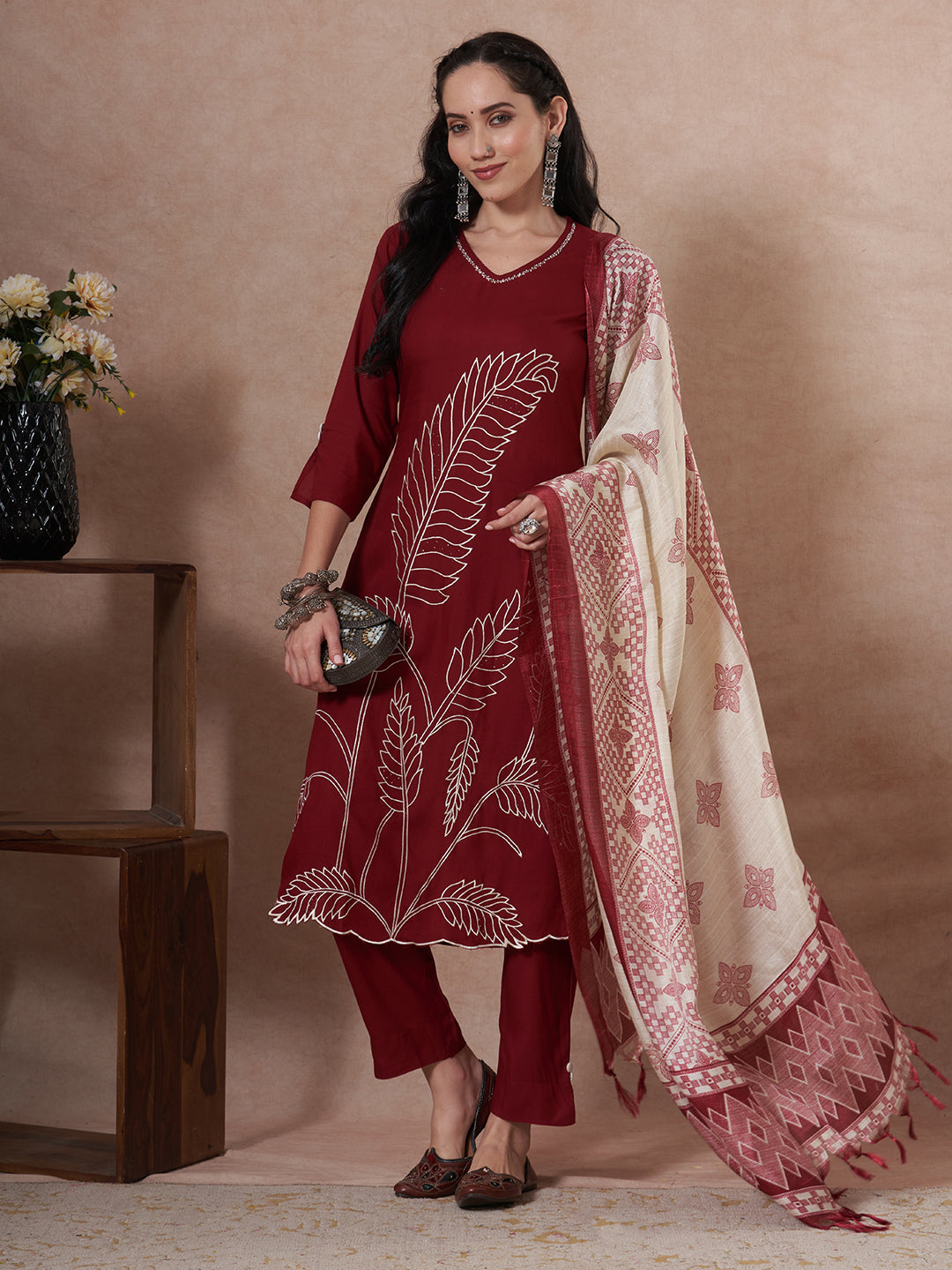 Solid Abstract Embroidered Straight Fit Kurta with Pant and Printed Dupatta - Maroon
