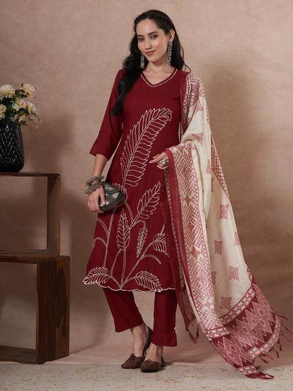 Solid Abstract Embroidered Straight Fit Kurta with Pant and Printed Dupatta - Maroon