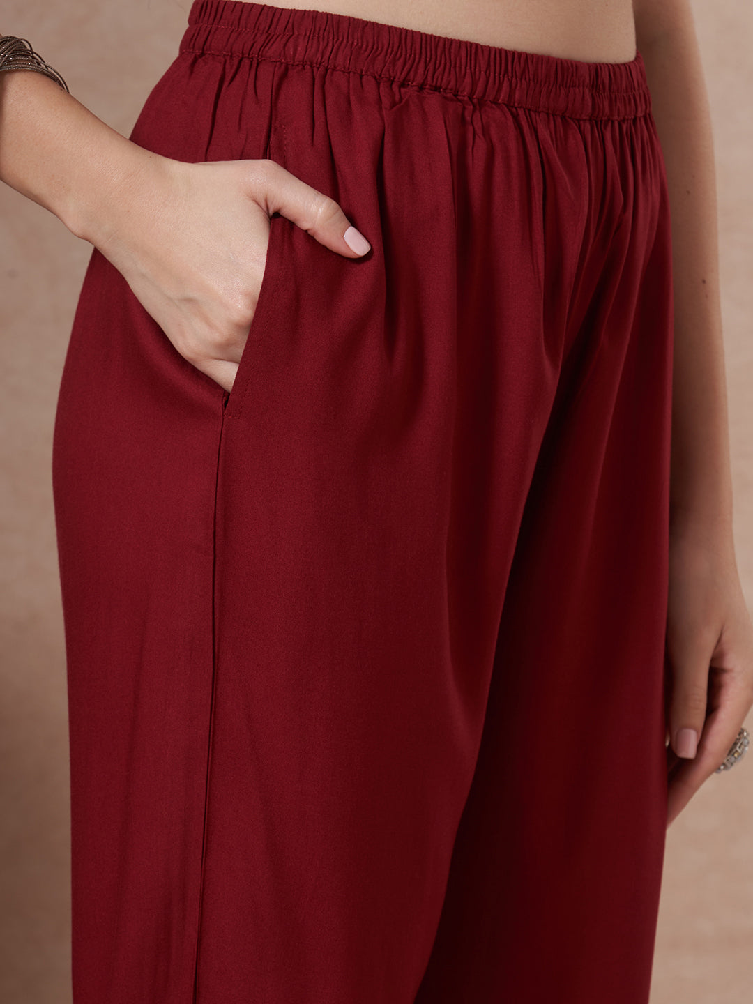 Solid Abstract Embroidered Straight Fit Kurta with Pant and Printed Dupatta - Maroon