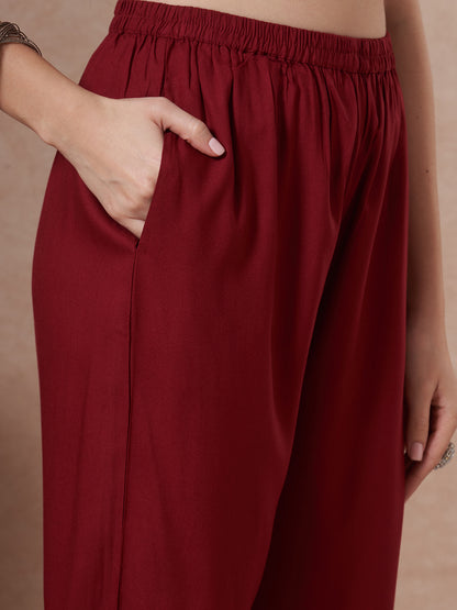 Solid Abstract Embroidered Straight Fit Kurta with Pant and Printed Dupatta - Maroon