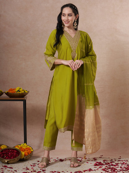 Festive Solid Zari Embroidered Straight Fit Kurta with Pant and Ombre Dupatta - Green