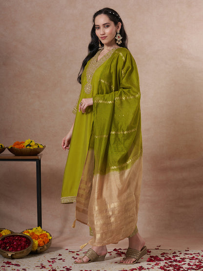 Festive Solid Zari Embroidered Straight Fit Kurta with Pant and Ombre Dupatta - Green