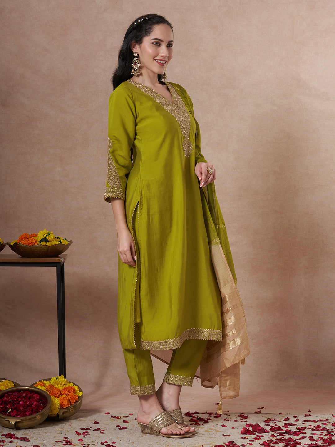 Festive Solid Zari Embroidered Straight Fit Kurta with Pant and Ombre Dupatta - Green
