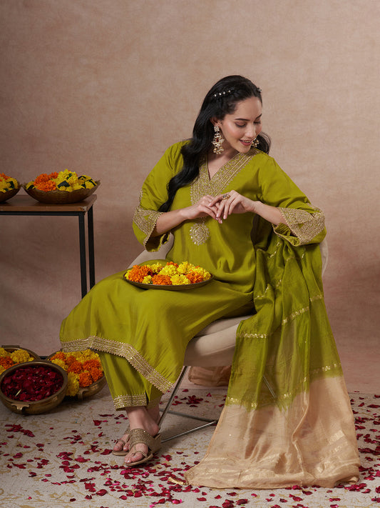 Festive Solid Zari Embroidered Straight Fit Kurta with Pant and Ombre Dupatta - Green