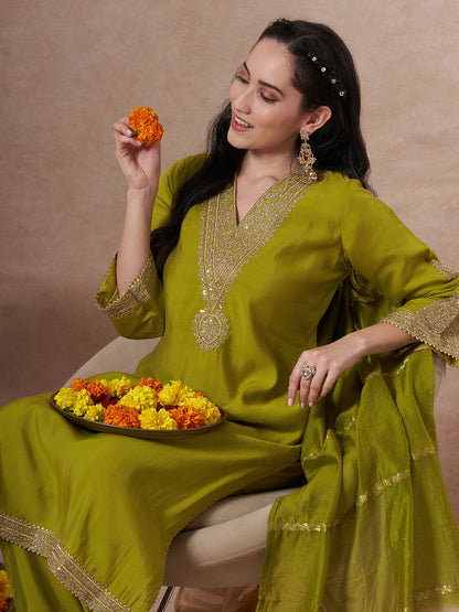 Festive Solid Zari Embroidered Straight Fit Kurta with Pant and Ombre Dupatta - Green
