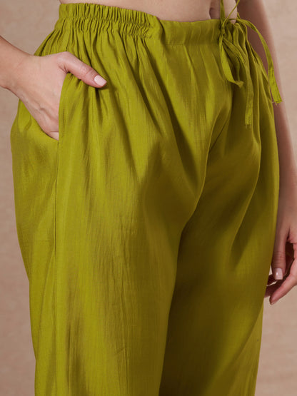 Festive Solid Zari Embroidered Straight Fit Kurta with Pant and Ombre Dupatta - Green