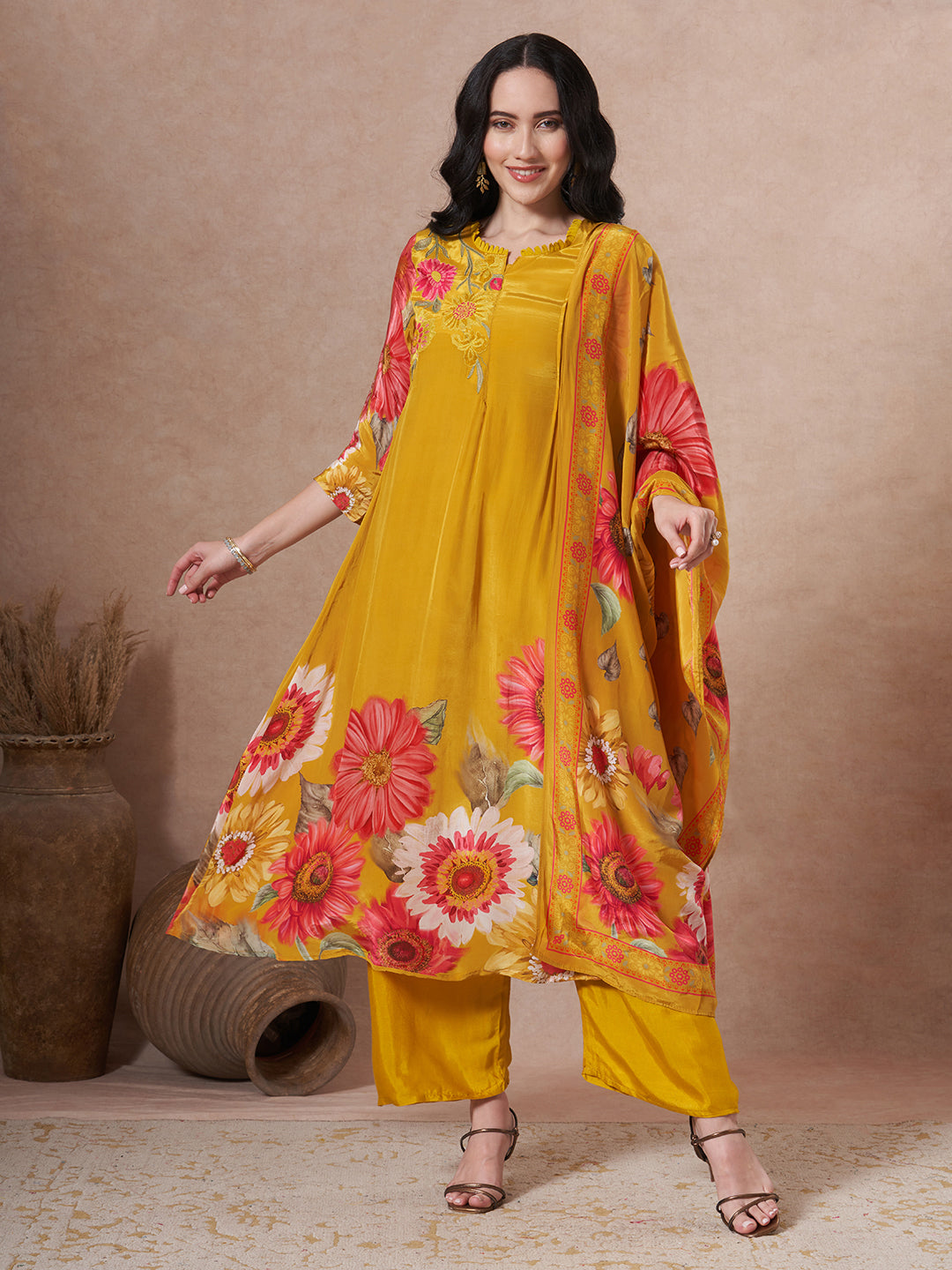 Sunflower Printed Embroidered A-Line Pleated Kurta with Palazzo and Dupatta - Mustard