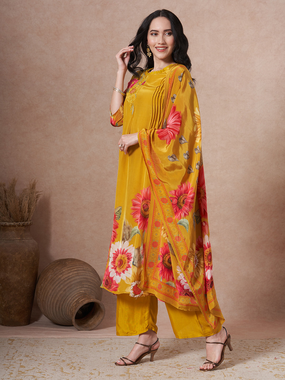 Sunflower Printed Embroidered A-Line Pleated Kurta with Palazzo and Dupatta - Mustard