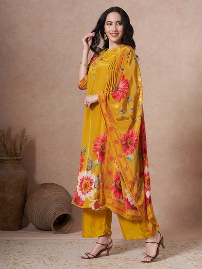 Sunflower Printed Embroidered A-Line Pleated Kurta with Palazzo and Dupatta - Mustard