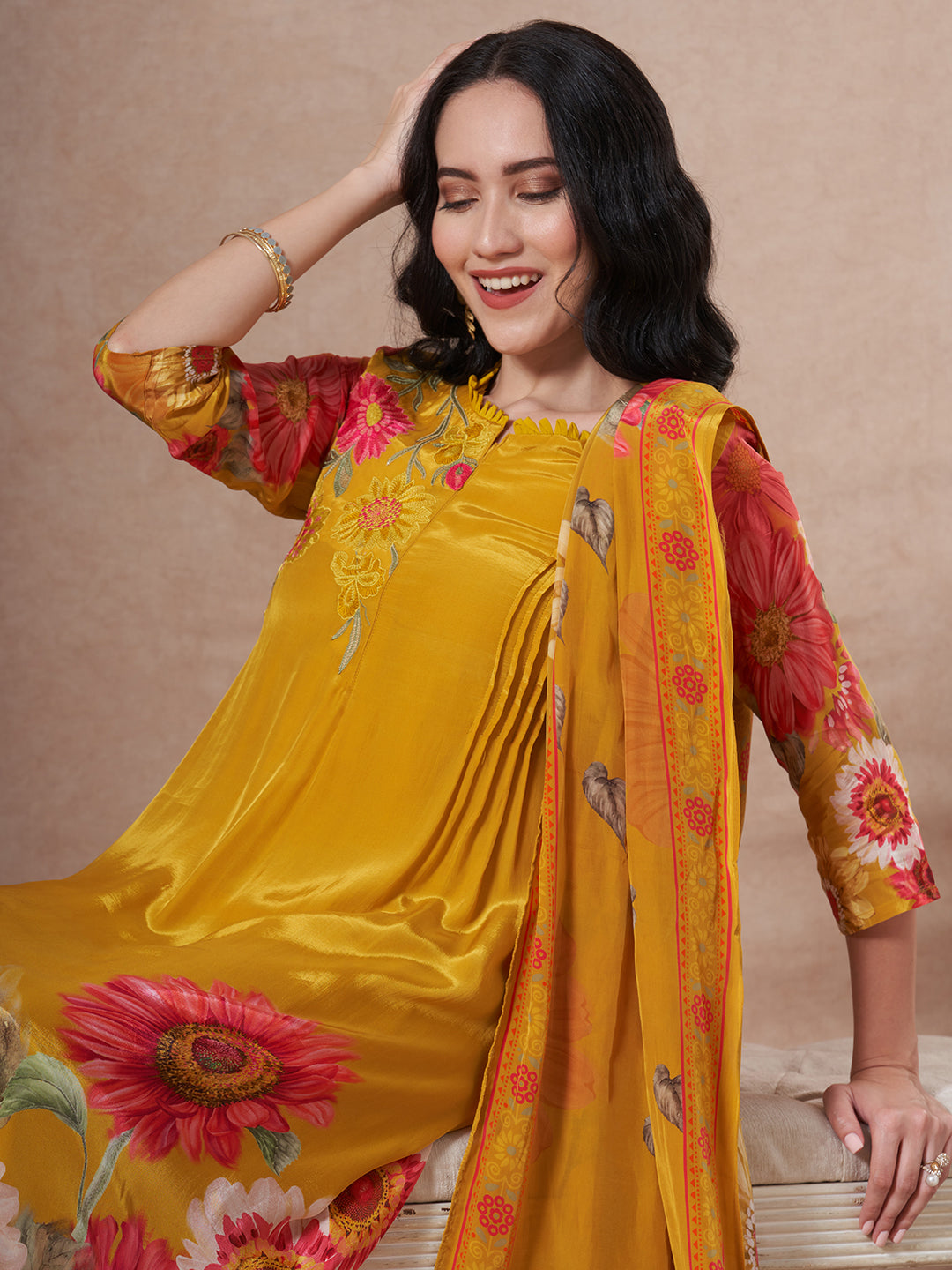 Sunflower Printed Embroidered A-Line Pleated Kurta with Palazzo and Dupatta - Mustard