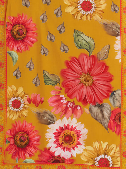 Sunflower Printed Embroidered A-Line Pleated Kurta with Palazzo and Dupatta - Mustard