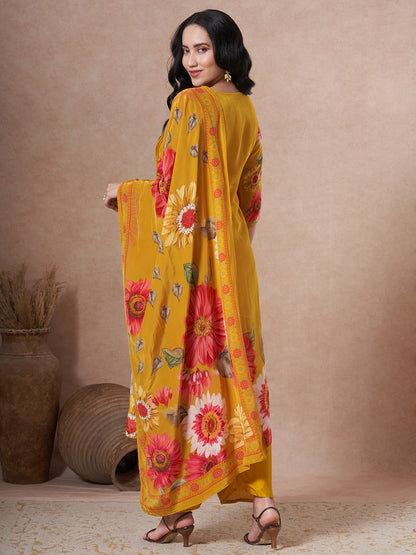 Sunflower Printed Embroidered A-Line Pleated Kurta with Palazzo and Dupatta - Mustard