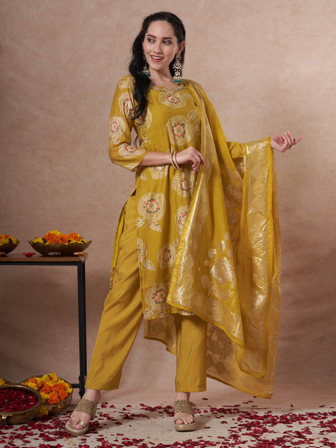 Festive Floral Foil Printed Embroidered Straight Cut Kurta with Pant & Dupatta - Lime Green