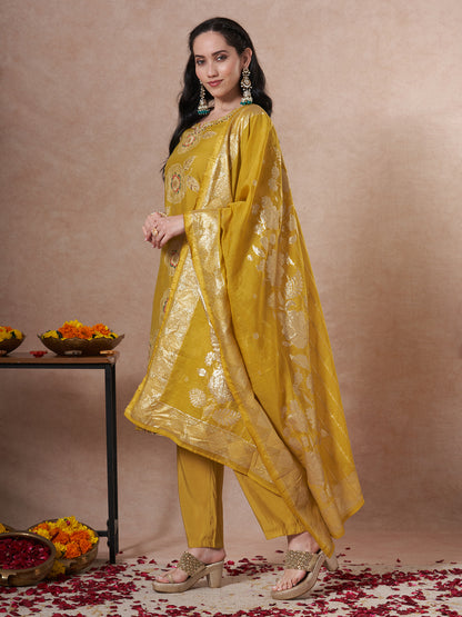 Festive Floral Foil Printed Embroidered Straight Cut Kurta with Pant & Dupatta - Lime Green