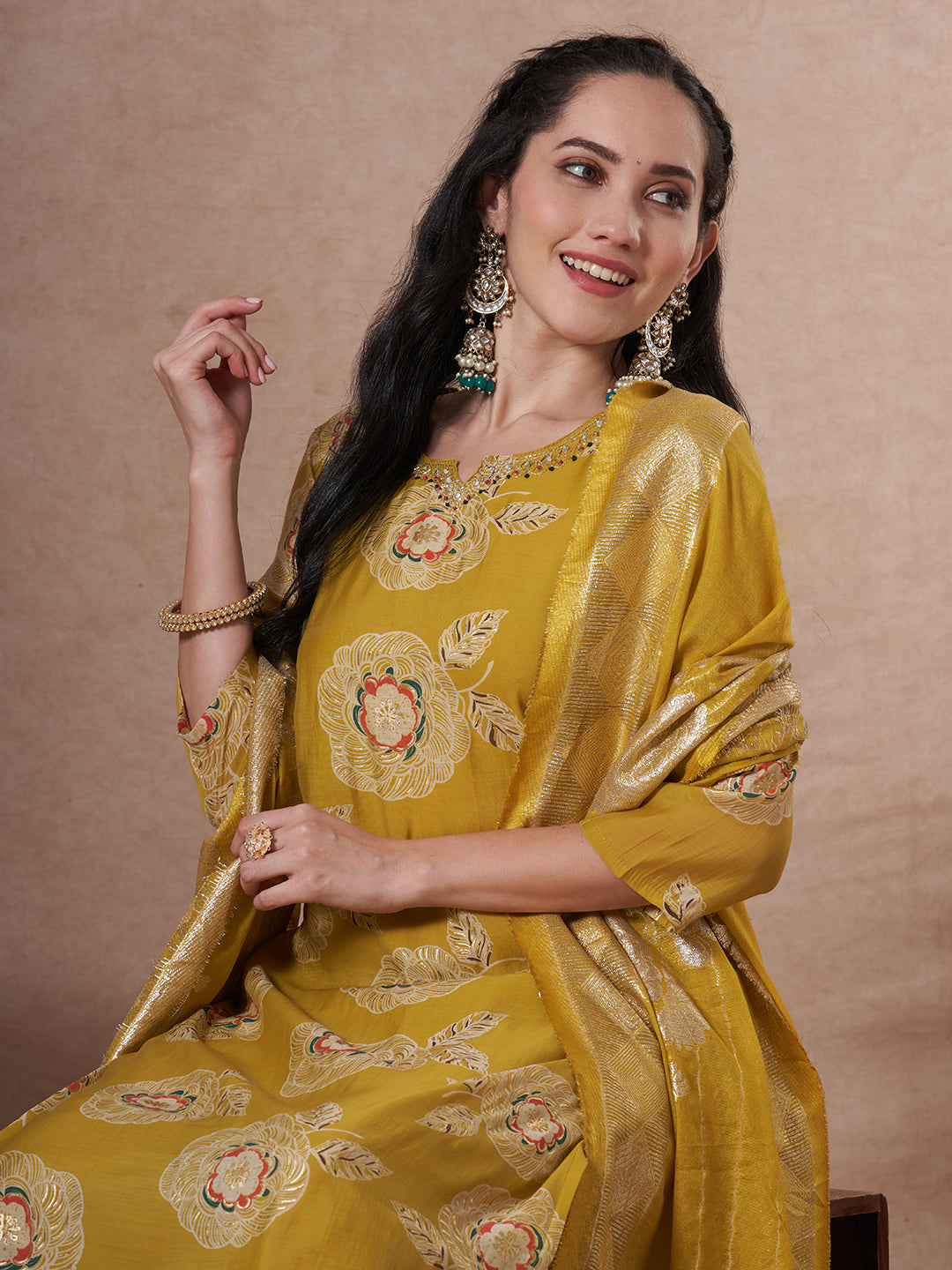 Festive Floral Foil Printed Embroidered Straight Cut Kurta with Pant & Dupatta - Lime Green
