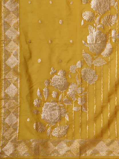 Festive Floral Foil Printed Embroidered Straight Cut Kurta with Pant & Dupatta - Lime Green