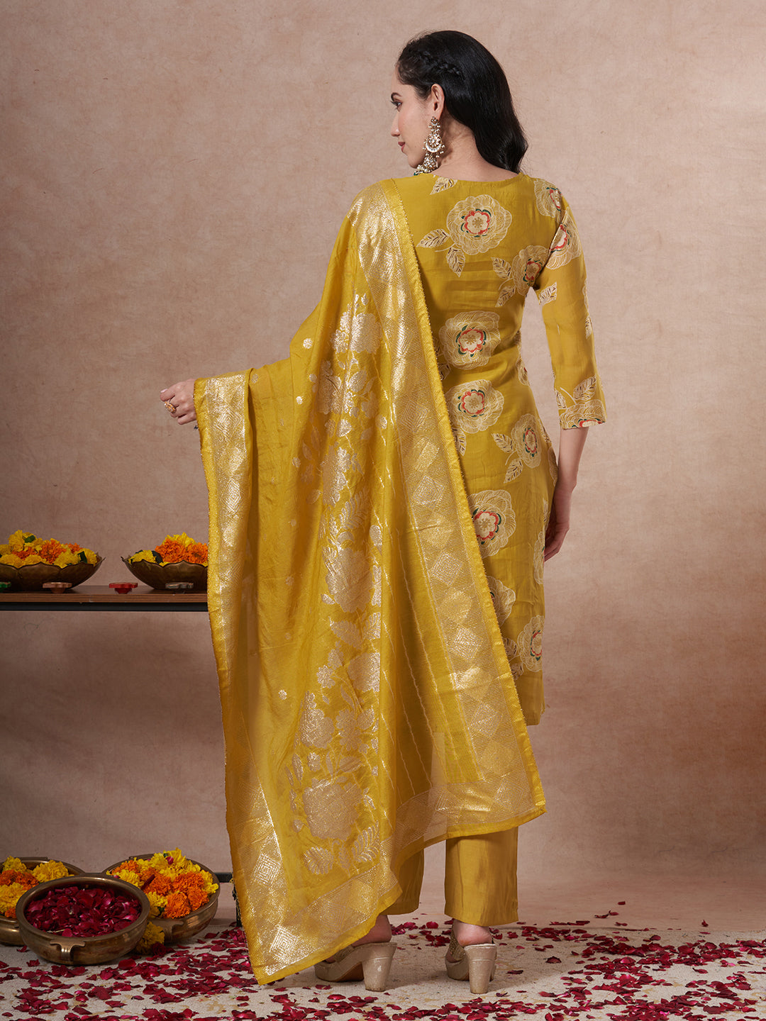 Festive Floral Foil Printed Embroidered Straight Cut Kurta with Pant & Dupatta - Lime Green