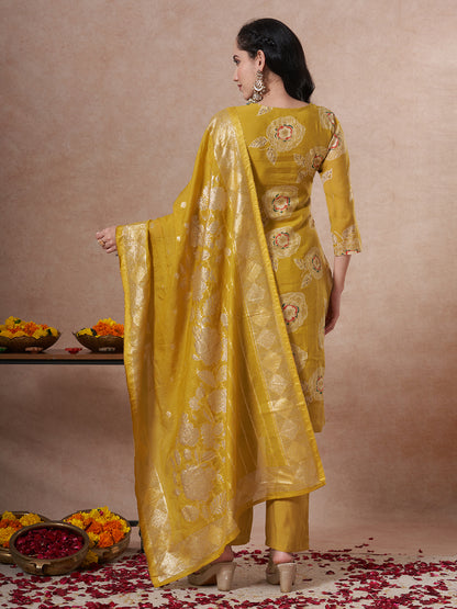 Festive Floral Foil Printed Embroidered Straight Cut Kurta with Pant & Dupatta - Lime Green