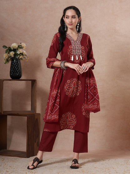 Bandhani Printed Embroidered Straight Fit Kurta with Pant and Dupatta - Maroon