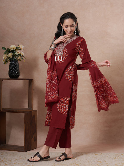 Bandhani Printed Embroidered Straight Fit Kurta with Pant and Dupatta - Maroon