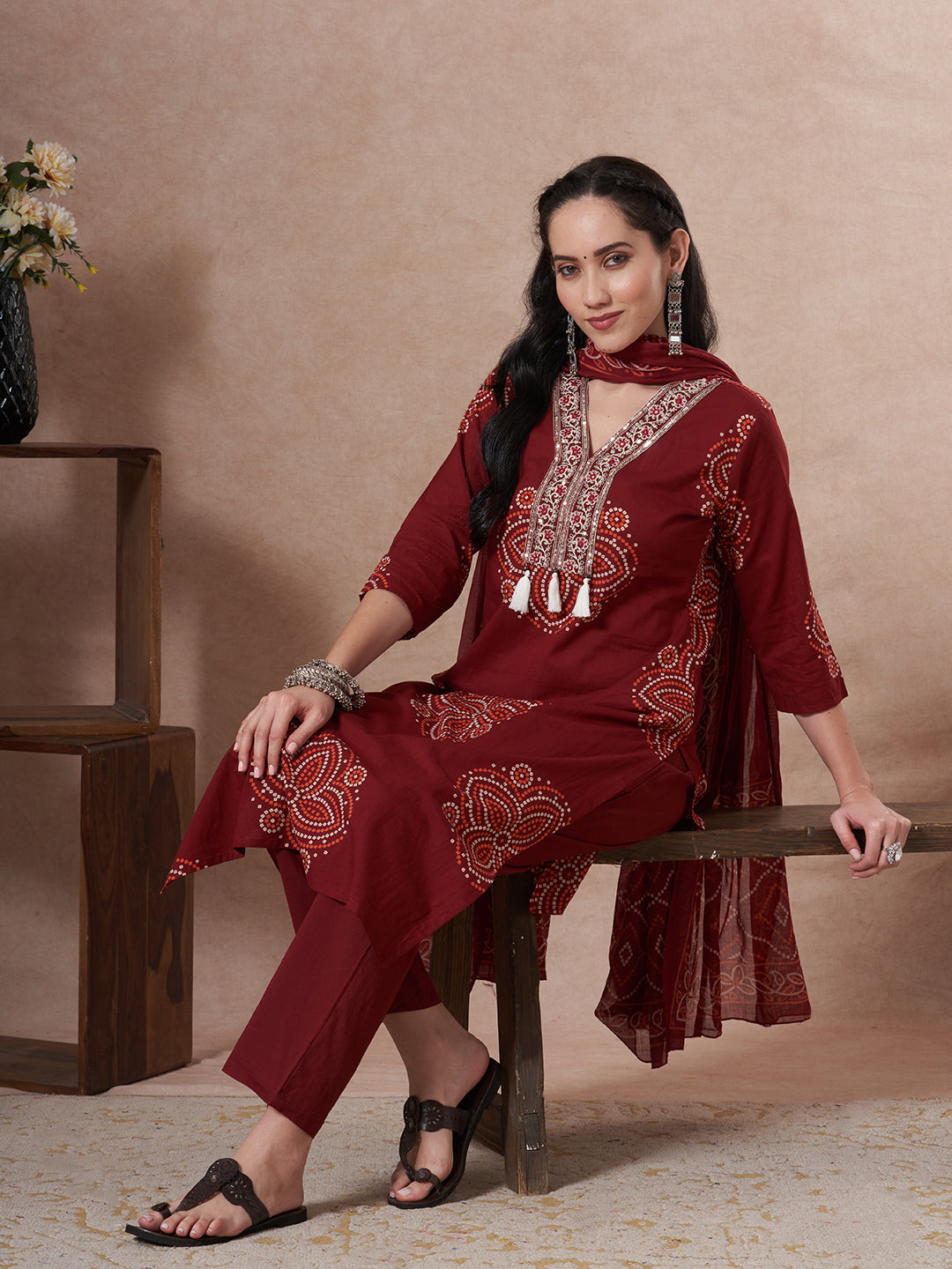Bandhani Printed Embroidered Straight Fit Kurta with Pant and Dupatta - Maroon