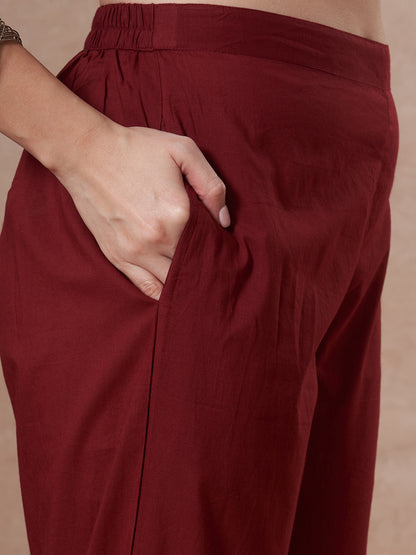 Bandhani Printed Embroidered Straight Fit Kurta with Pant and Dupatta - Maroon