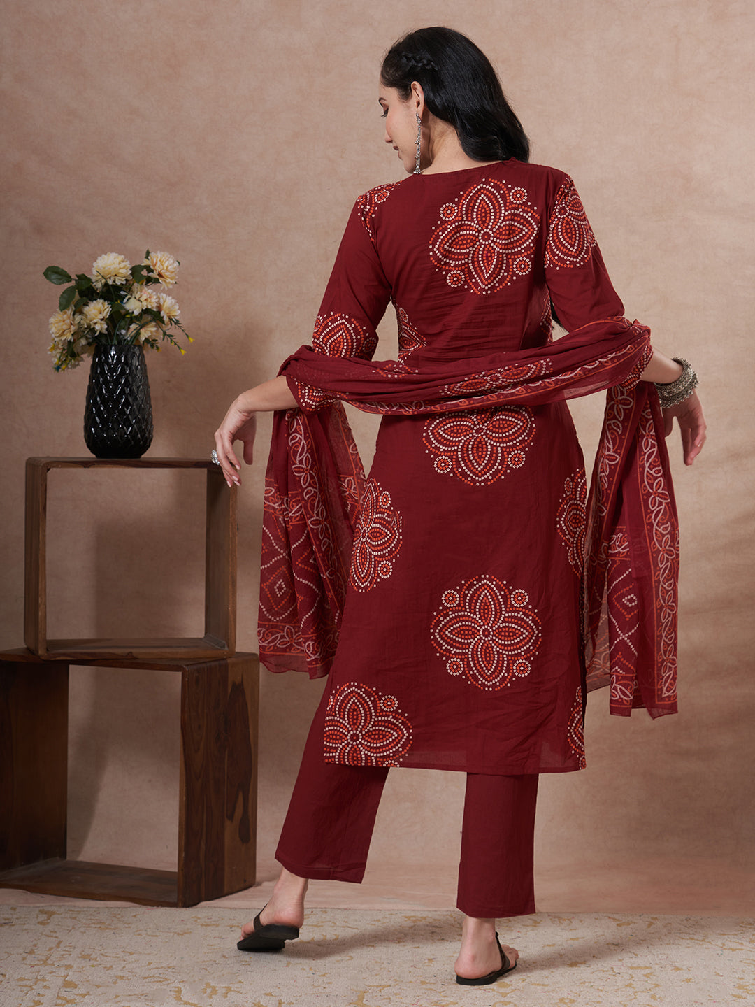 Bandhani Printed Embroidered Straight Fit Kurta with Pant and Dupatta - Maroon