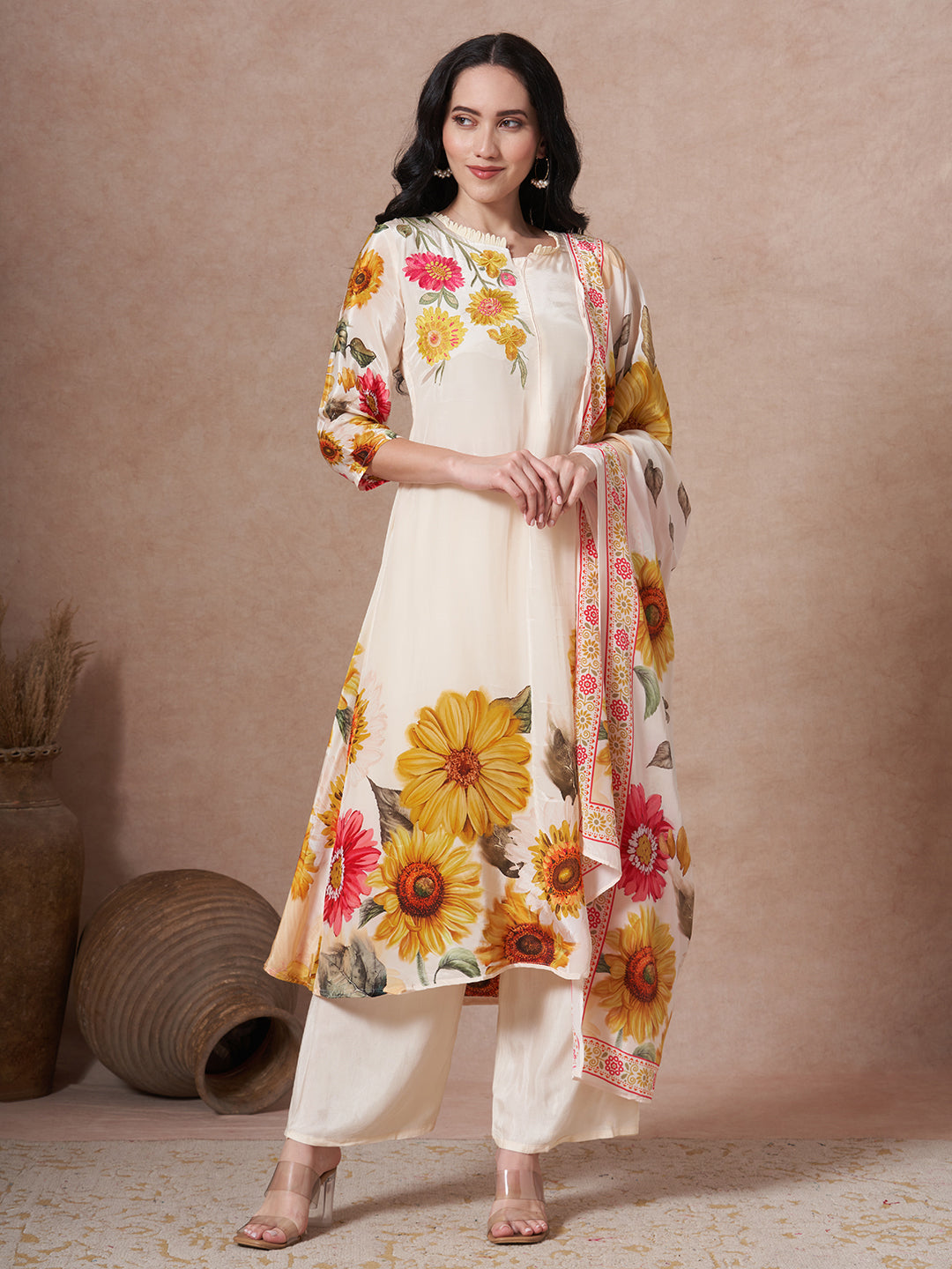 Sunflower Printed Embroidered A-Line Pleated Kurta with Palazzo and Dupatta - Cream