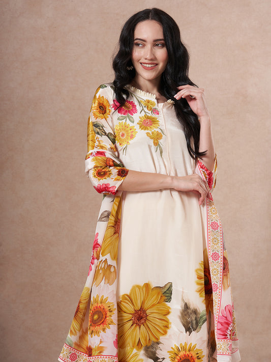Sunflower Printed Embroidered A-Line Pleated Kurta with Palazzo and Dupatta - Cream