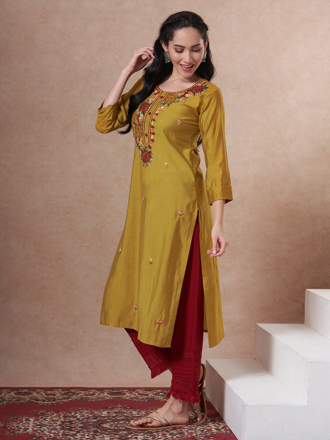 Solid Floral Embroidered Straight Fit Kurta - Mustard