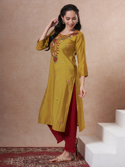 Solid Floral Embroidered Straight Fit Kurta - Mustard