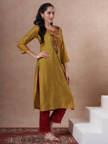 Solid Floral Embroidered Straight Fit Kurta - Mustard