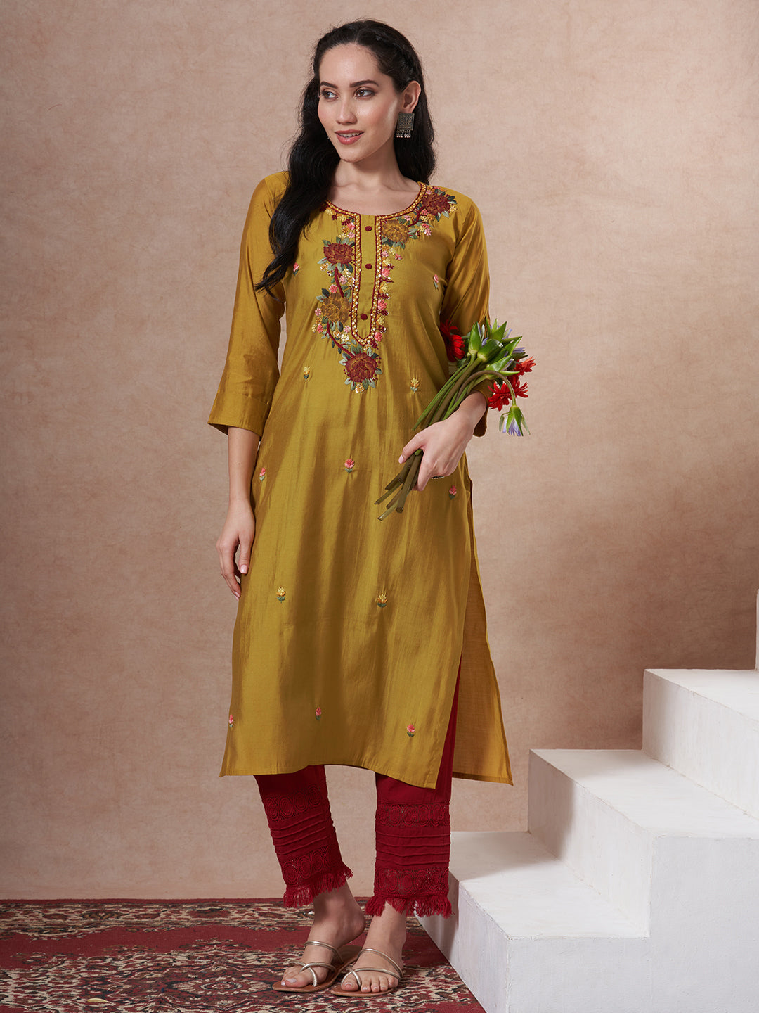 Solid Floral Embroidered Straight Fit Kurta - Mustard