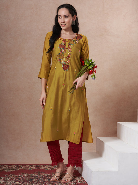 Solid Floral Embroidered Straight Fit Kurta - Mustard