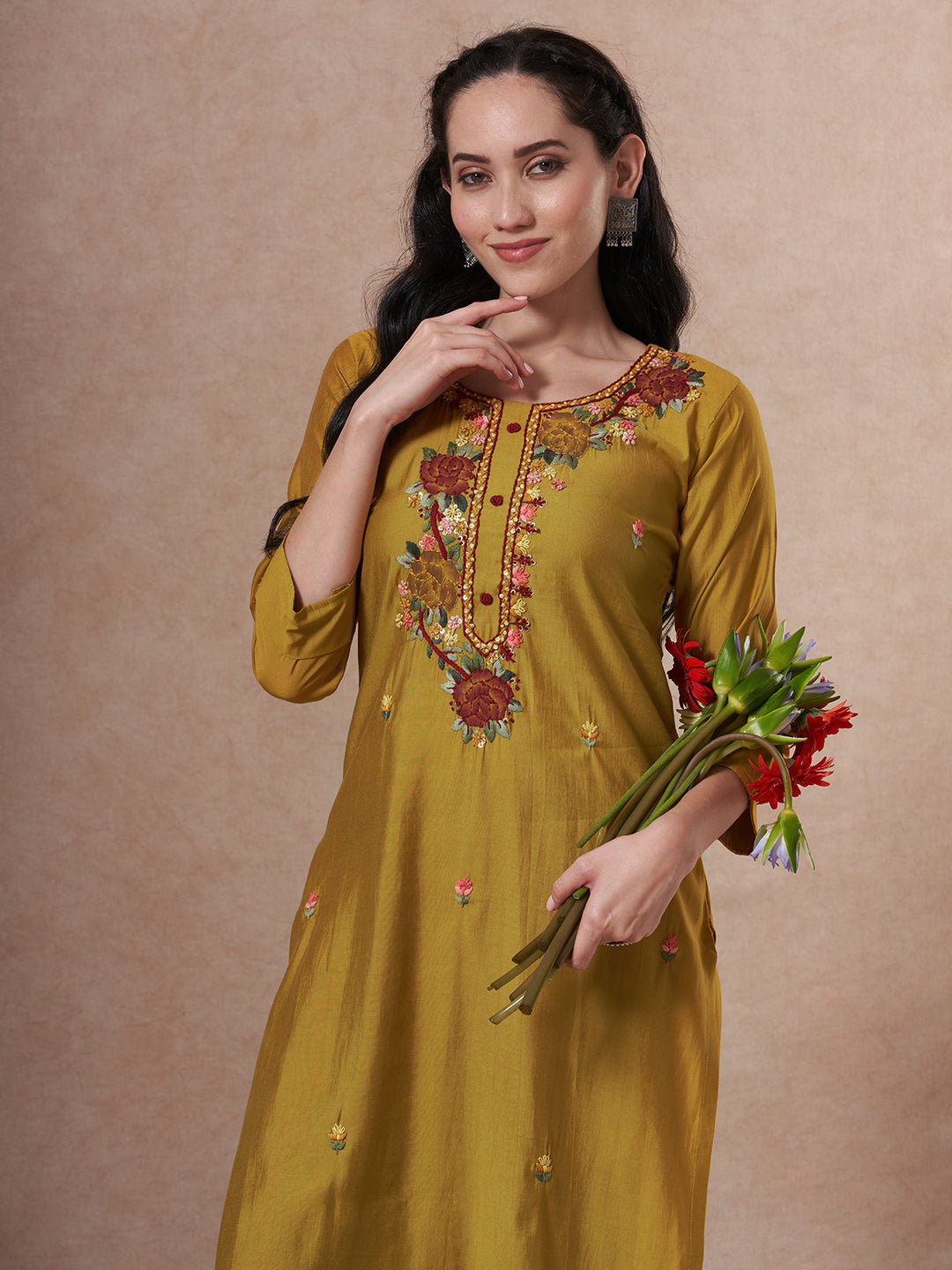Solid Floral Embroidered Straight Fit Kurta - Mustard