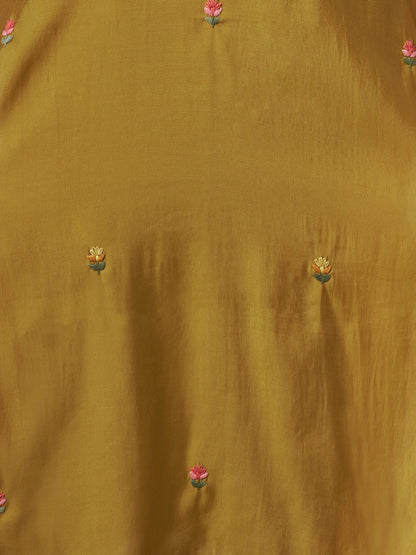 Solid Floral Embroidered Straight Fit Kurta - Mustard