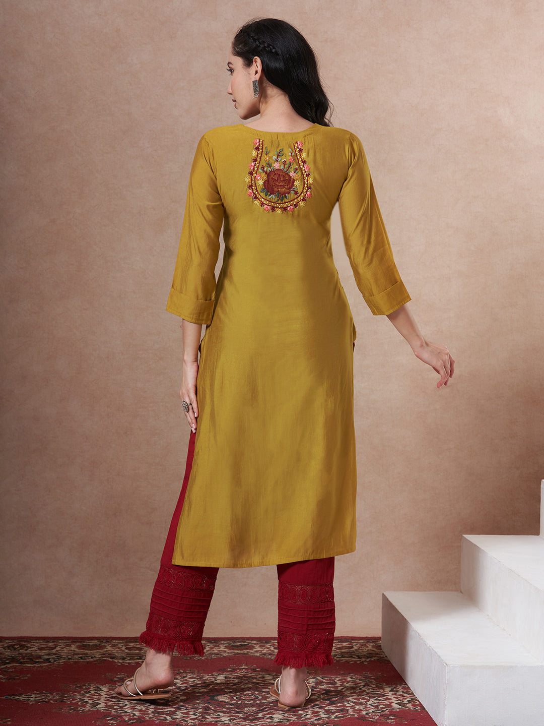 Solid Floral Embroidered Straight Fit Kurta - Mustard