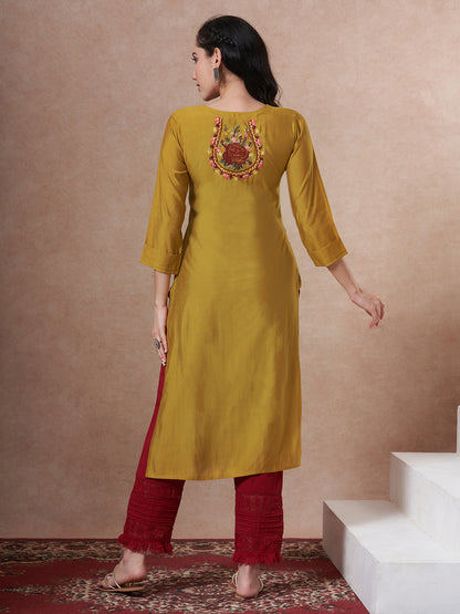 Solid Floral Embroidered Straight Fit Kurta - Mustard