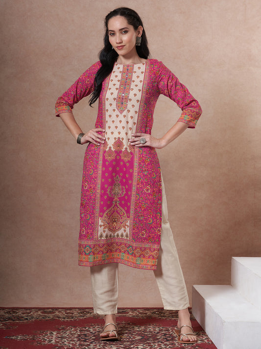 Floral Printed Embroidered Straight Fit Kurta - Magenta