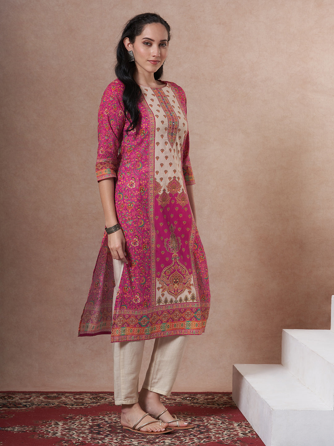 Floral Printed Embroidered Straight Fit Kurta - Magenta
