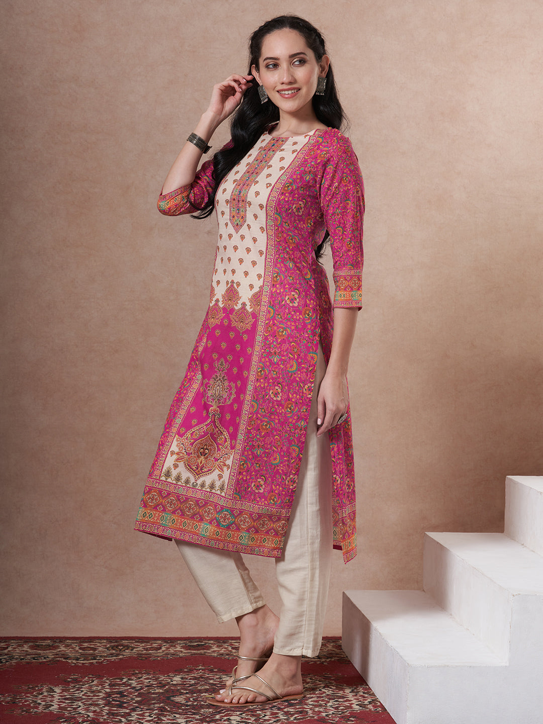 Floral Printed Embroidered Straight Fit Kurta - Magenta