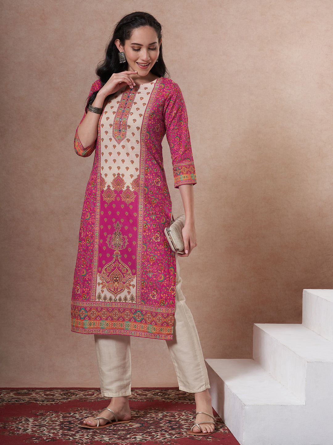Floral Printed Embroidered Straight Fit Kurta - Magenta