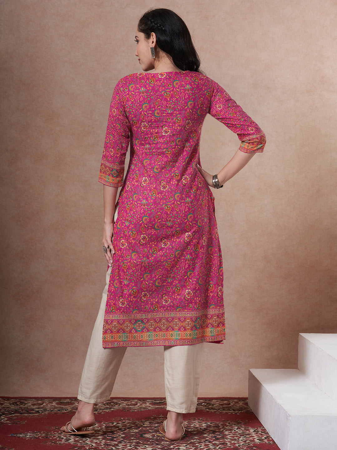 Floral Printed Embroidered Straight Fit Kurta - Magenta