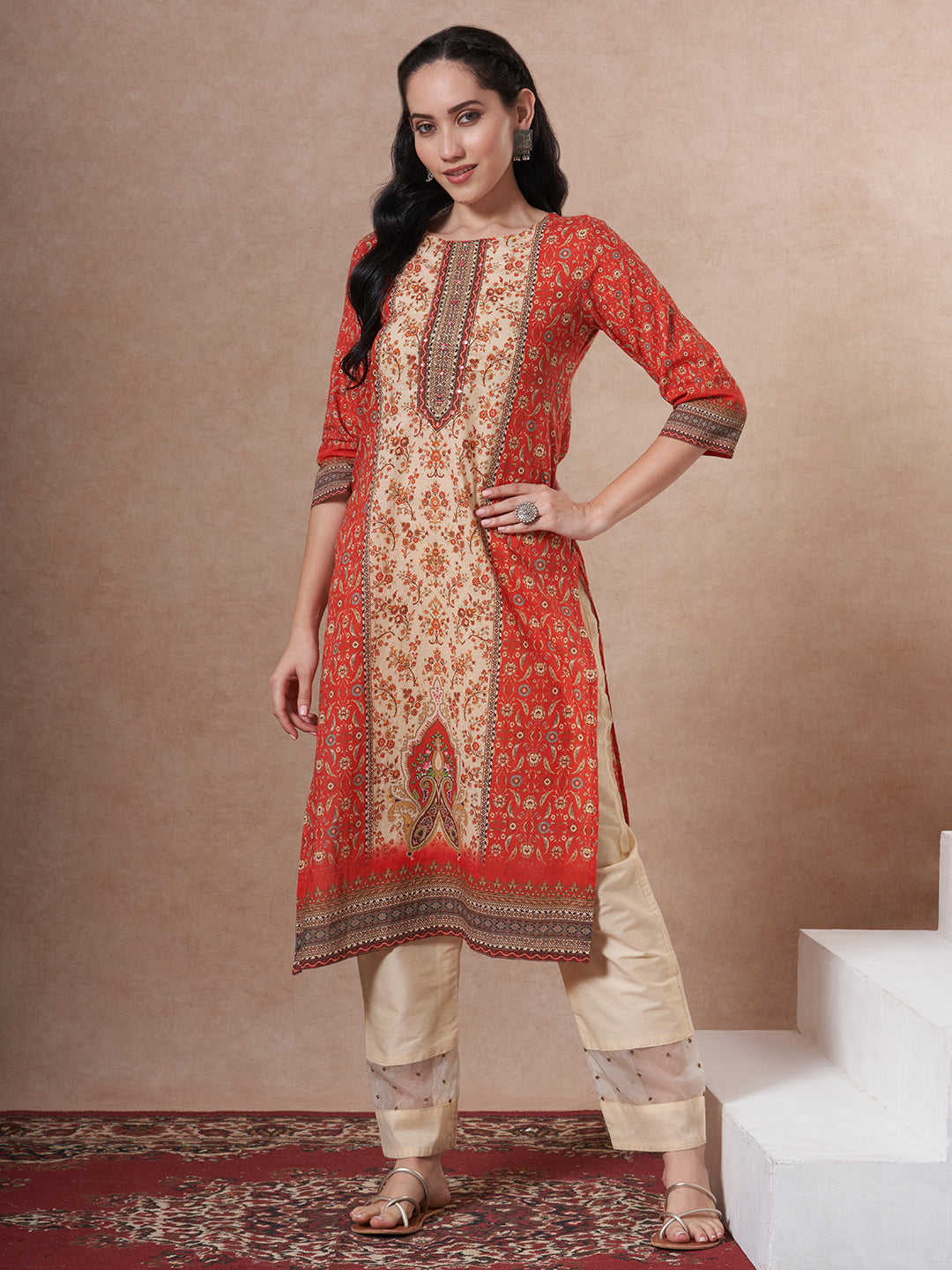 Floral Printed Embroidered Straight Fit Kurta - Red