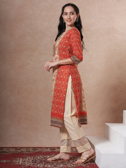 Floral Printed Embroidered Straight Fit Kurta - Red