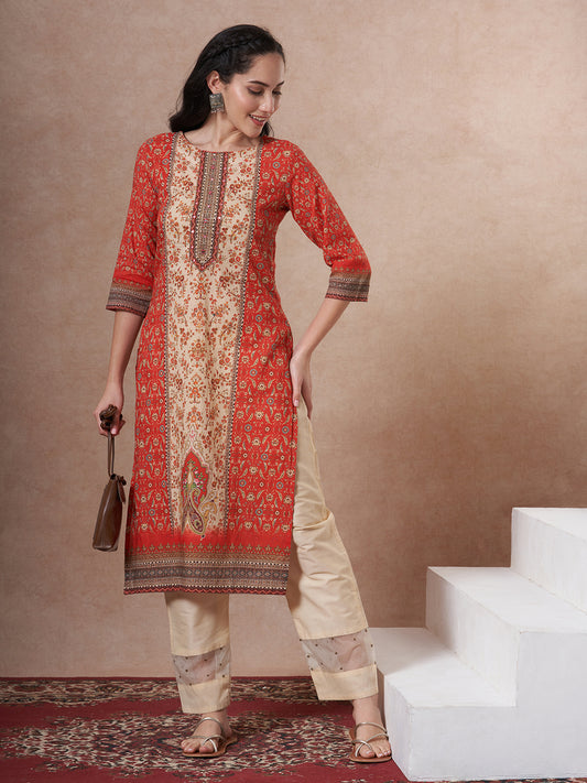 Floral Printed Embroidered Straight Fit Kurta - Red