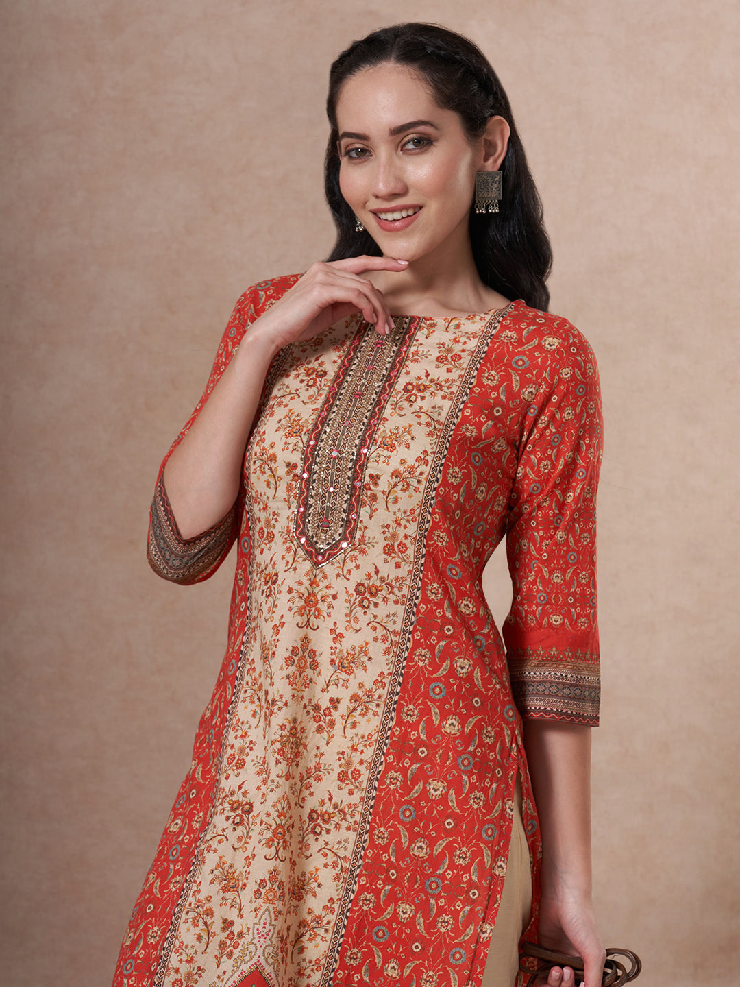 Floral Printed Embroidered Straight Fit Kurta - Red