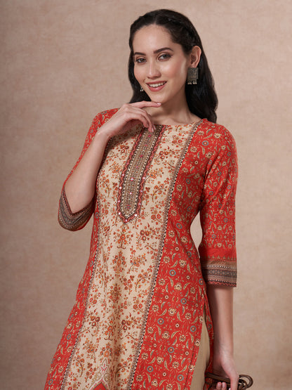 Floral Printed Embroidered Straight Fit Kurta - Red
