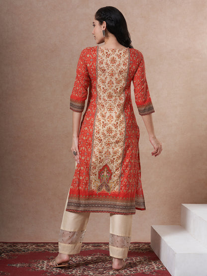 Floral Printed Embroidered Straight Fit Kurta - Red